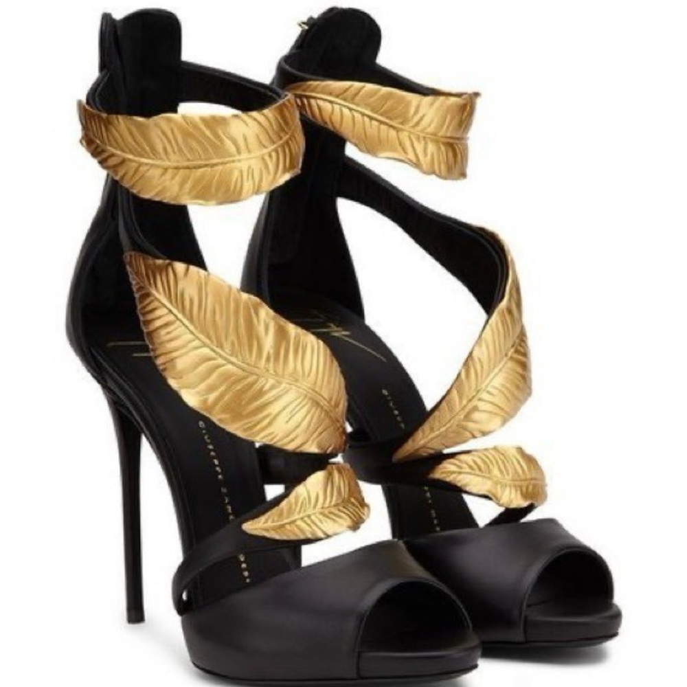 Giuseppe Zanotti Black and Gold Leaf Heels